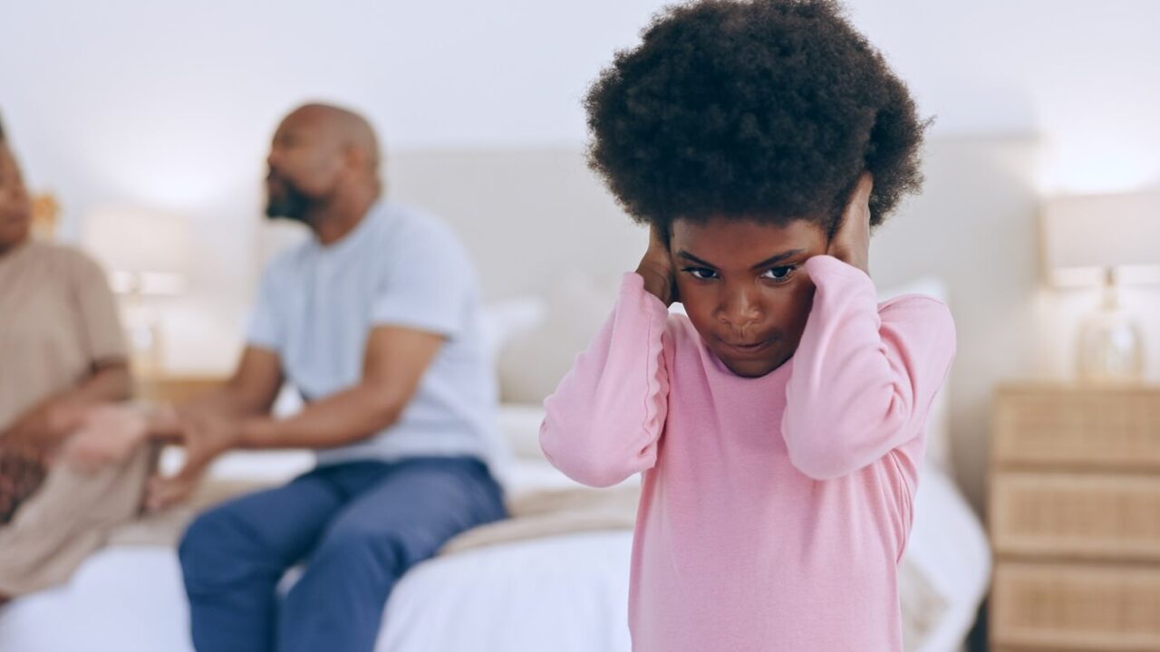 scared kid, angry parents or divorce in fight or home bedroom with stress, black family conflict or breakup
