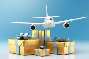 an airplane and boxes of presents
