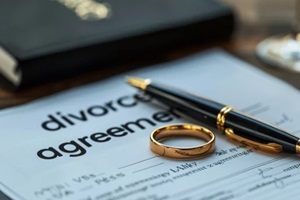 closeup of divorce filing with wedding rings, divorce paperwork, end of relationship