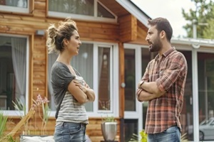 newlywed couple stands outside of new house talking