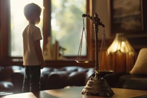 child looking out a window, symbolizing hope and contemplation, with the balance scale representing the guiding role of a child custody lawyer in navigating the complexities of legal guardianship