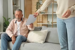 mature man giving divorce decree to her husband at home